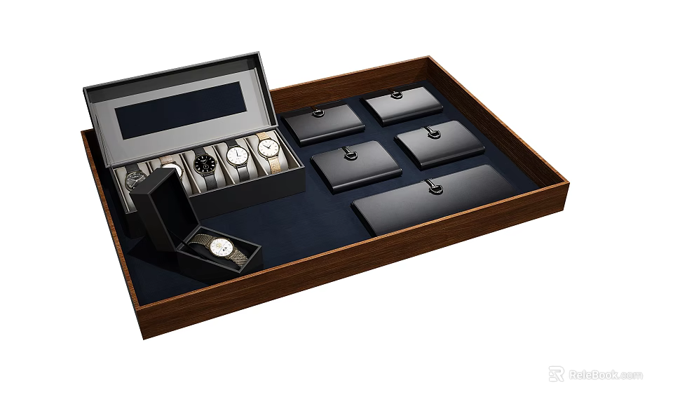 Wooden Jewelry Storage Box With Dark Blue Lining Holds Watches Rings And Organized Compartments 3d model 