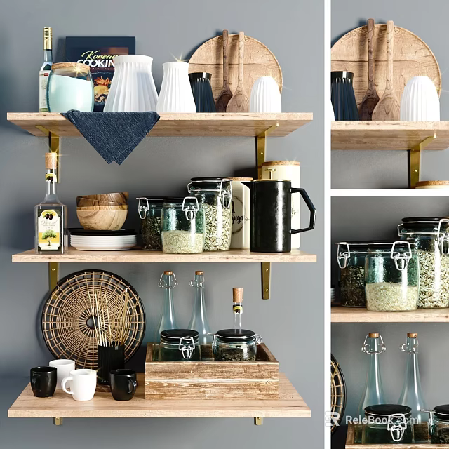 Organized Kitchen Utensils Storage Jars Bowls And Mugs On Wooden Shelves 3d model 