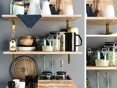 Organized Kitchen Utensils Storage Jars Bowls And Mugs On Wooden Shelves 3d model