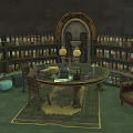 Ancient Architecture Study Room With Round Green Table Bookshelves Lamps And Books