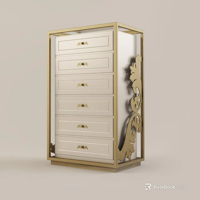 Elegant Chest of Drawers with Gold Frame and Light Colored Drawers and Decorative Carvings 3d model 