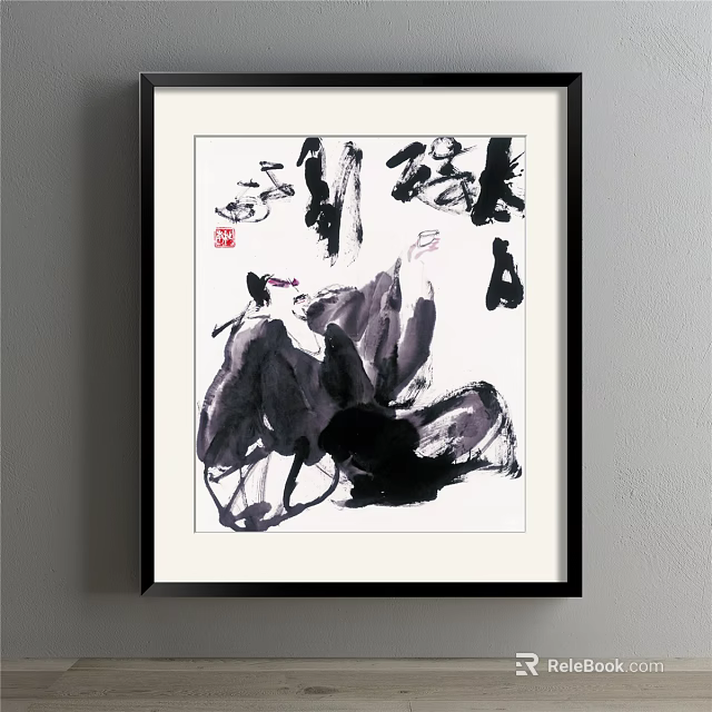 Ink Wash Abstract Painting With Black And White Tones And Red Seal Stamp 3d model 
