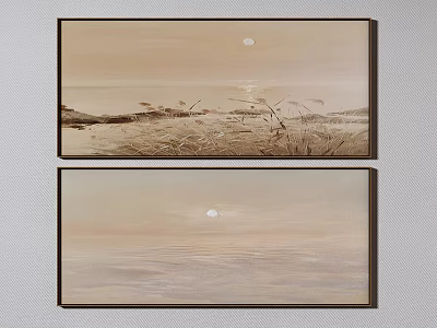 Two Panel Paintings Featuring Serene Beach Reeds Moon And Water Surface 3d model