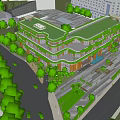 Multi Storey Building With Green Roof Curved Design Surrounding Trees And Nearby Tall Building
