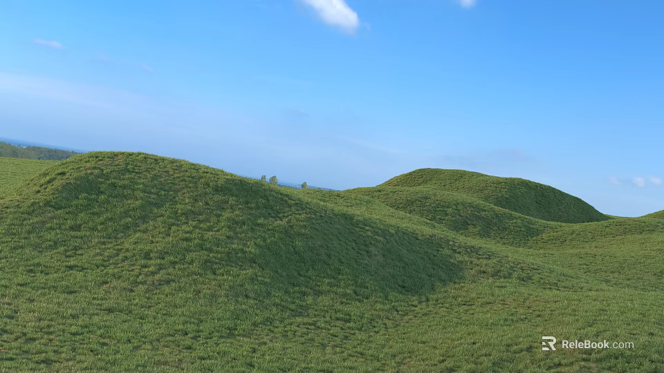 Lush Green Rolling Hills With Distant Trees Under Clear Blue Sky 3d model