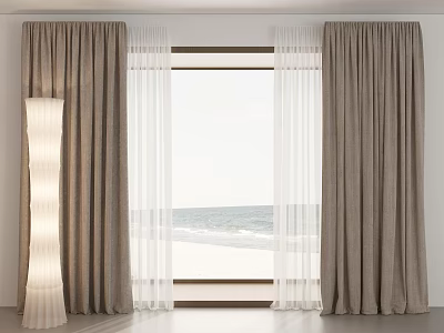 Linen Curtains With Sheer Panels For Window And Sea View Interior 3d model