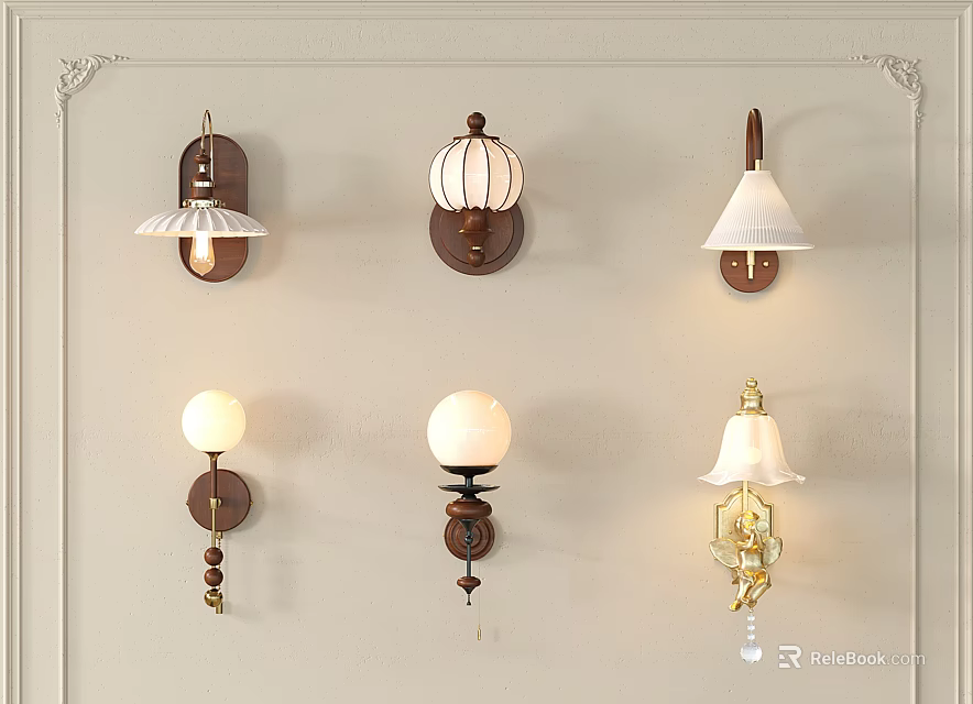 Various Styles Wall Lamps Mounted On Wall With Diverse Shades And Bases 3d model 