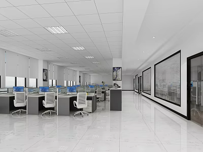 Modern Public Office Area With Open Layout Workstations Ergonomic Chairs And Bright Lighting 3d model