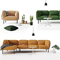 Modern Multicolored Sofa Coffee Table Set With Plants Pillows And Blankets 3d model