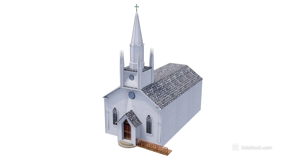 Historic Church Building With White Exterior Steeple Cross Gray Roof Arched Windows Wooden Door 3d model 
