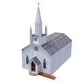 Historic Church Building With White Exterior Steeple Cross Gray Roof Arched Windows Wooden Door