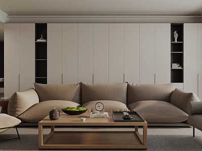 Modern Living Room with Beige Sofa Wooden Coffee Table and White Storage Cabinets 3d model