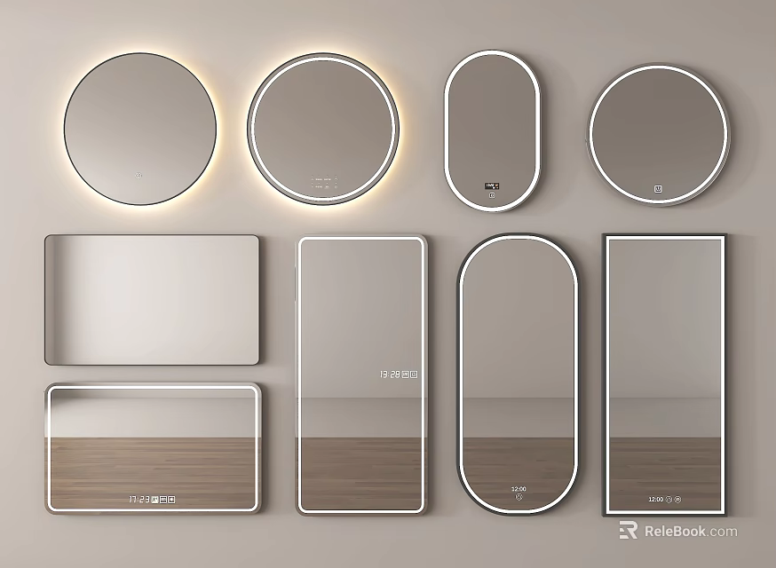 Round Oval Rectangular Wall Mounted Mirrors With LED Lights Design 3d model 