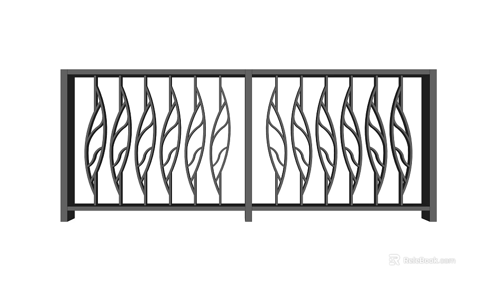 Ornate Modern Black Metal Fence With Leaf Shaped Decorative Railings 3d model 