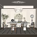 Dining Room With White Walls Chandelier Dining Table Chairs Artwork And Potted Plant On Rug