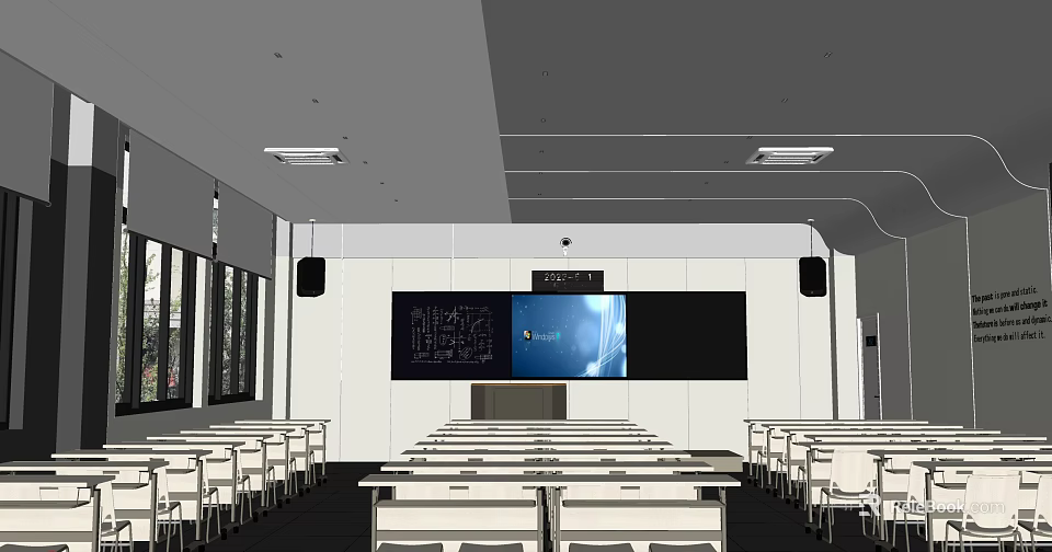 Modern School Classroom With White Desks Chairs Large Screen And Blackboard 3d model 