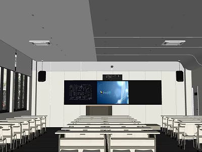 Modern School Classroom With White Desks Chairs Large Screen And Blackboard 3d model