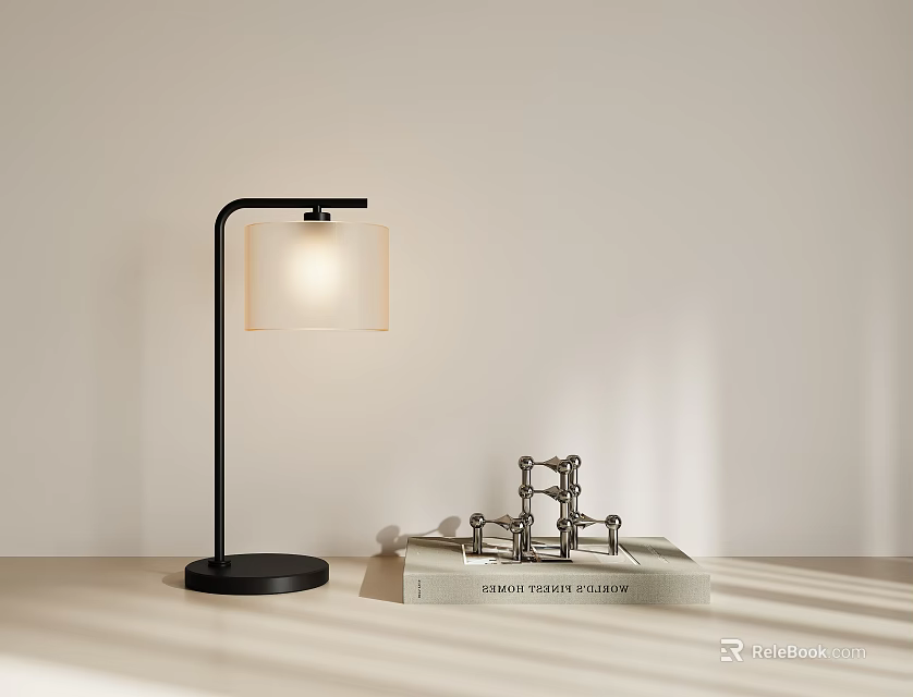 Modern Black Stand Table Lamp With White Shade On Table Near Books And Metal Decor 3d model 
