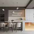 Modern Restaurant Kitchen Design With Island Counter Pendant Lights Cabinets And Dining Chairs