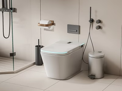 Modern White Lighted Toilet In Bathroom With Trash Can And Paper Holder 3d model