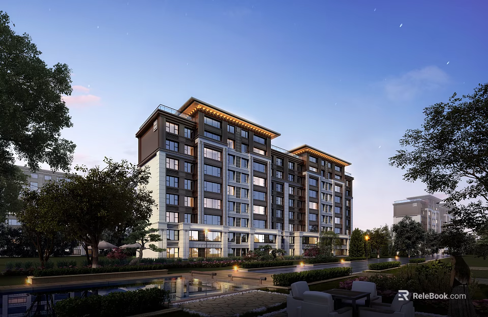 Modern Residential Building with Landscaped Gardens Trees Pathways Street Lamps and Water Features 3d model 