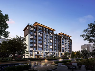 Modern Residential Building with Landscaped Gardens Trees Pathways Street Lamps and Water Features 3d model