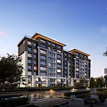Modern Residential Building with Landscaped Gardens Trees Pathways Street Lamps and Water Features