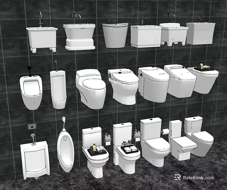 Various Types Of Modern Toilet Designs Including Commodes And Urinals On 3d model 