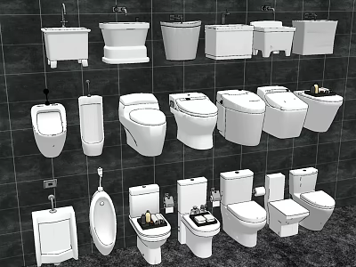 Various Types Of Modern Toilet Designs Including Commodes And Urinals On 3d model