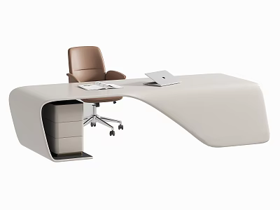 Modern Office Desk With Sleek Design Light Colored Surface Laptop Notebook And Brown Chair 3d model