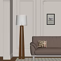 Cozy Living Room With Wooden Floor Lamp White Shade Brown Sofa And Geometric Pillow