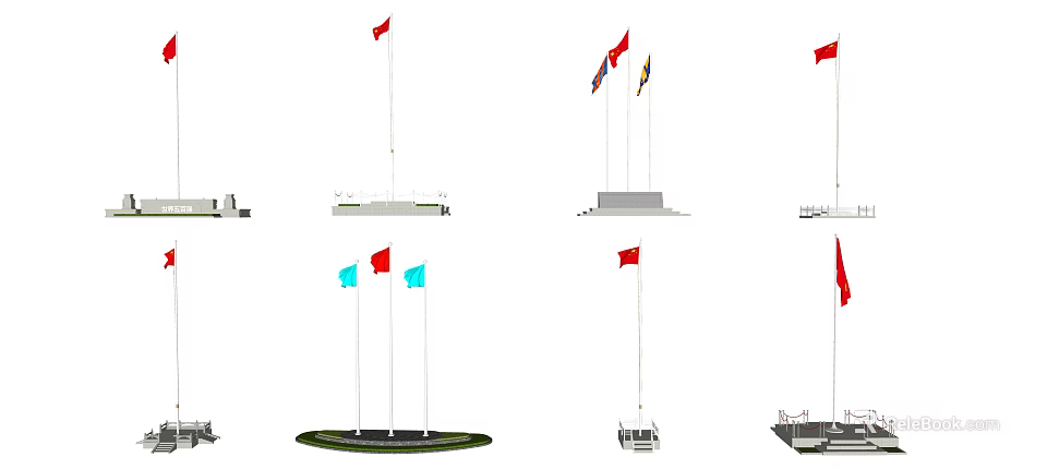 National Flags Flying On Various Flagpoles With Different Bases And Display Scenes 3d model 
