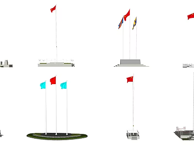 National Flags Flying On Various Flagpoles With Different Bases And Display Scenes 3d model