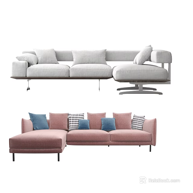 Sectional Sofa In Light Gray And Pink With Multiple Cushions Modern Upholstered Design 3d model