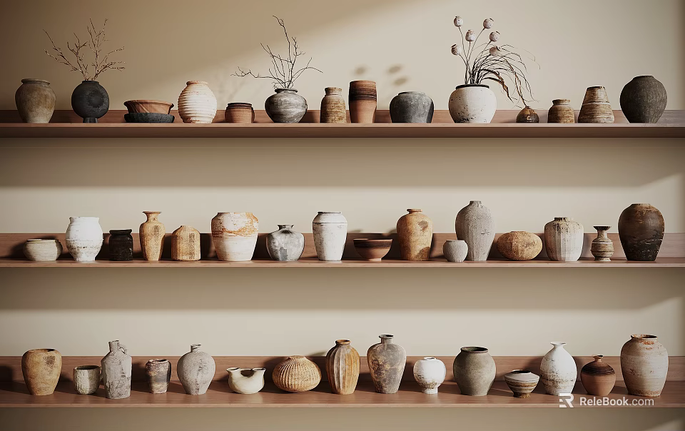 Ceramic Vessels Displayed on Wooden Shelves with Various Shapes and Earthy Tones 3d model 