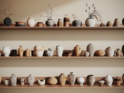 Ceramic Vessels Displayed on Wooden Shelves with Various Shapes and Earthy Tones 3d model