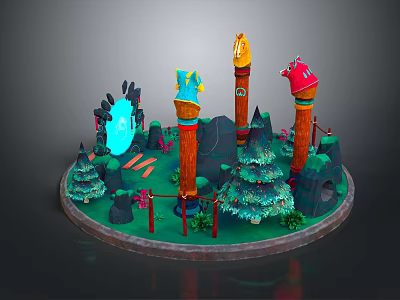 Scenic Landscape With Colorful Torch Like Pillars Green Pine Trees And Lush Grass 3d model