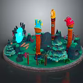 Scenic Landscape With Colorful Torch Like Pillars Green Pine Trees And Lush Grass