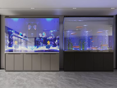 Modern Aquarium Tanks with Colorful Corals Tropical Fish Plants and Cabinet Bases 3d model