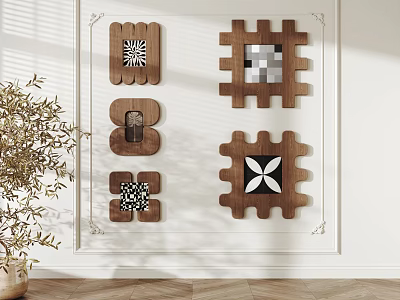 Wooden Geometric Wall Decorations with Intricate Patterns and Potted Plant in Modern Interior 3d model
