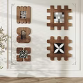 Wooden Geometric Wall Decorations with Intricate Patterns and Potted Plant in Modern Interior