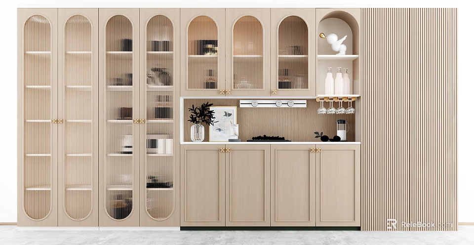 Modern Elegant Wine Cabinet Design With Glass Doors Wine Glass Rack And Decorative Items 3d model 