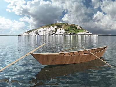 Waterfront Landscape with Calm Water Wooden Boat Distant Island Green Vegetation White Rocks Cloudy Sky 3d model