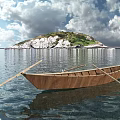 Waterfront Landscape with Calm Water Wooden Boat Distant Island Green Vegetation White Rocks Cloudy Sky