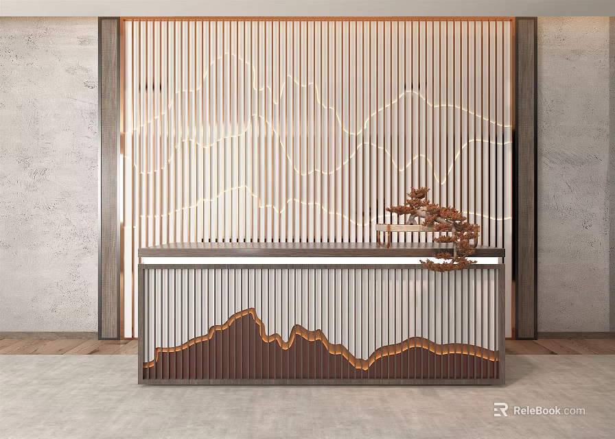 Modern Console Table With Vertical Metal Stripes And Wooden Mountain Pattern Design 3d model