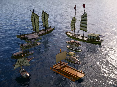 Traditional Wooden Boats Sailing On Calm Water With Multiple Sizes And Sails 3d model
