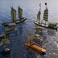 Traditional Wooden Boats Sailing On Calm Water With Multiple Sizes And Sails