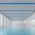 Spacious Factory Interior With Blue Columns Ceiling And Yellow Floor Lines Industrial Machines