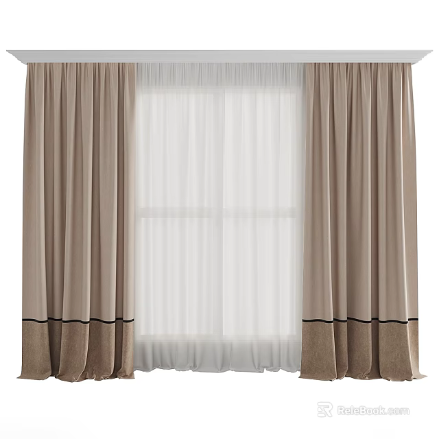 Elegant Light Brown Curtains With Dark Trim And White Sheer Layers 3d model