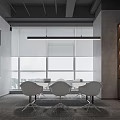 Modern Office Interior With Open Space High Ceiling Concrete Columns Large Windows Blinds And Furniture